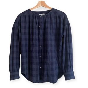 Alex Mill Collarless Plaid Flannel Button Front Shirt XS Navy Blue